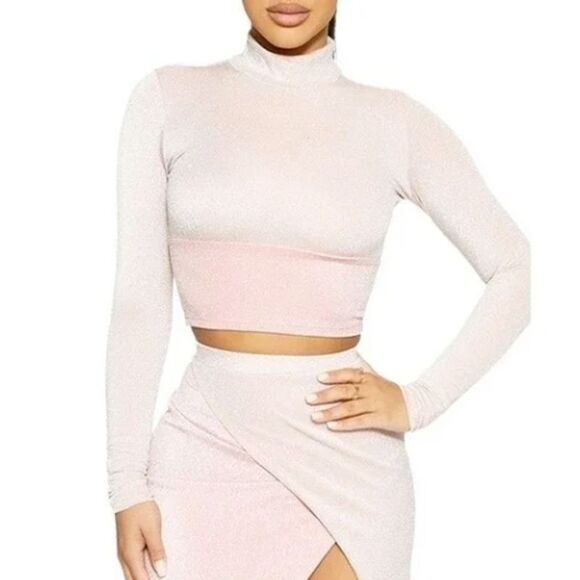 NAKED WARDROBE On The Glow Turtleneck Crop Top Size S Glitter Pink NWT B69 - Picture 1 of 6
